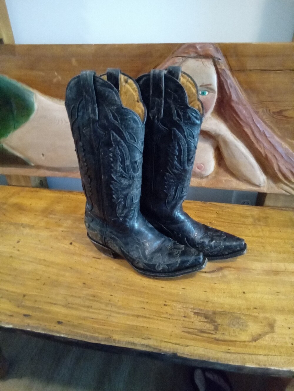 Vintage Safari Black Distressed  Leather Phoenix Tall Snip Toe Cowgirl Boots 6.5 - Picture 5 of 16